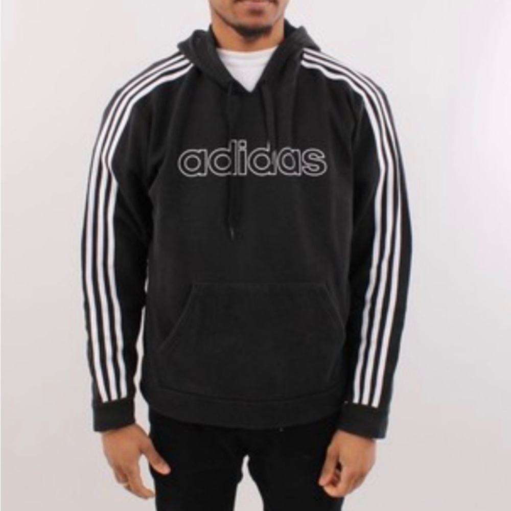 Adidas Black Hoodie Men L White Stripe Pullover Athletic Sweatshirt Streetwear